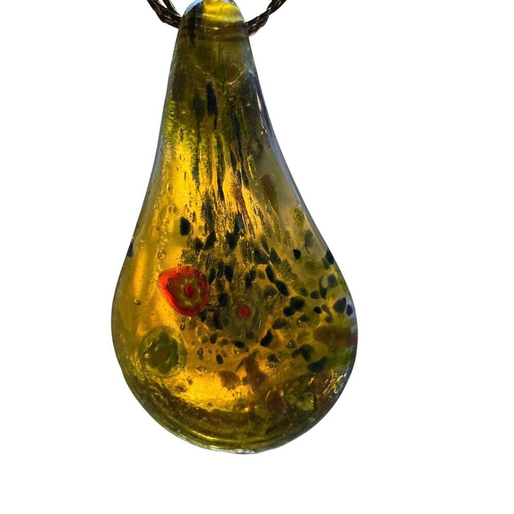 Art Glass Pendant Necklace Amber Teardrop Millefiori Goldtone 16" Chain